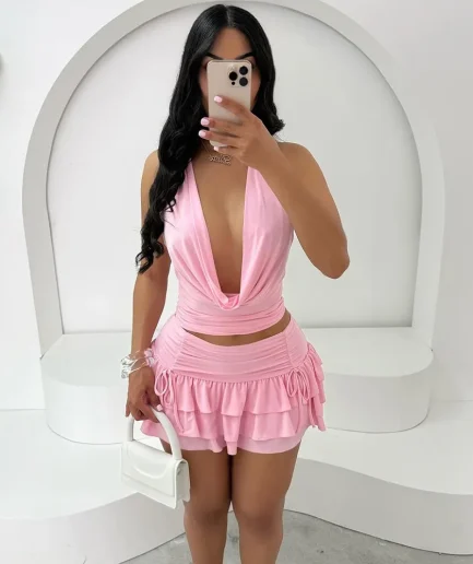 Women Solid Color 2 Piece Set Summer New Halter Swinging Neck Backless Crop Tanks+Ruffle Stacked Mini Skirts Beach Women Suits