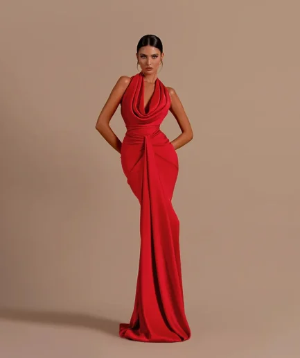 Sexy Swinging Collar Backless Pleated Long Dress Women Red Stain Sleeveless Draped Design Long Dress Club Party Women Maxi Dress