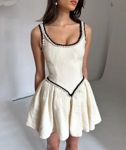 Lady Chic High Street Party Vestidos Women Sexy Low Out Slim Sling Pleated Dress Elegant Sleeveless Patchwork Short Dresses