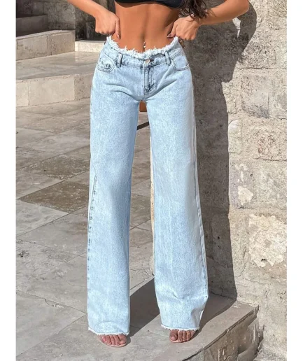 Zipper Fly Spliced Loose Fit Basics Straight High Waist Ankle Length Pants Washed Denim Jean Women Distressed Vintage Jeans
