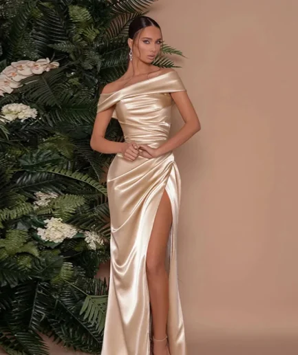 RedPeony 2025 Women Satin Off Shoulder Sexy Side High Split Ruched Waist Ruffles Prom Formal Evening Party Women Maxi Dresses