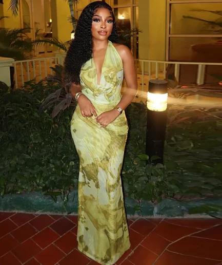 Women 2025 Summer Sexy Patchwork Mesh Dress Elegant Halter Neck Ruched Chic Birthday Party Club Vacation Women Maxi Dress