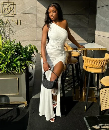 Sexy One Shoulder Sleeveless Dress Women Slim Solid High Slit Long Dress Fashion Asymmetrical Collar Party Night Women Dress