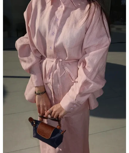 Women Single Breasted Long Sleeve Lace-up Blouse Summer New Simple Fashion Casual Skirt Set Pink Loose Long Skirts 2 Piece Sets