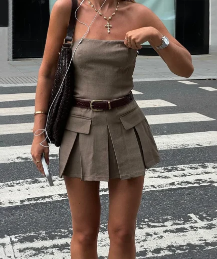 2025 Fashion New Summer Strapless Pleated Dress Belt Off-the-shoulder Sleeveless Retro Y2K Streetwear Women Casual Mini Dress