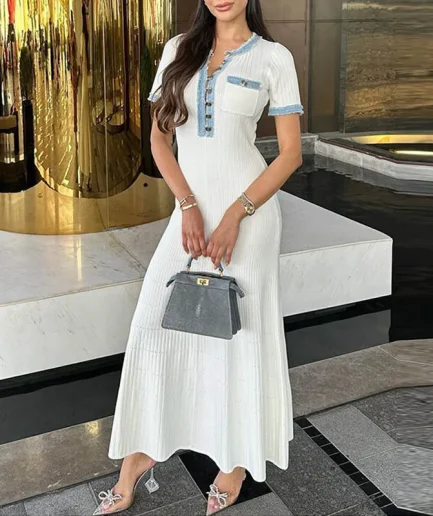 Guality A-line Flared Skirt Autumn Elegant French Denim Neck Short Sleeve Slim Bodycon Party Sweater Knitted Dresses for Women