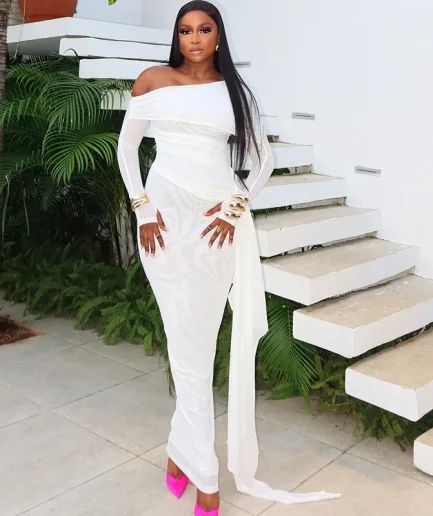 2025 Autumn Streetwear Night Club Evening Party Dresses Vestidos Women Diagonal Collar Mesh Full Sleeve Long Maxi Dress