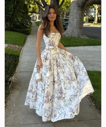 Chic Lady Outfit Floral Printing Strap Backless Sleeveless High Waist Pleated A-line Party Vestidos Elegant Women Summer Dresses