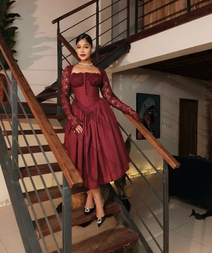 2025 Women Elegant Vintage Big Swing Lace Sleeve High Waist Dress Strapless Pleated Evening Sexy Night Party Women Prom Gowns