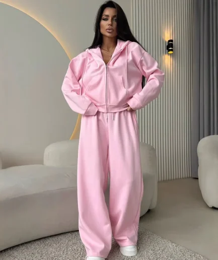 Female Tracksuit Suit Long Sleeved Cardigan Lace-up Sportswear Two Pieces Set Casual Hooded Zippers Sweatshirts Pants Set