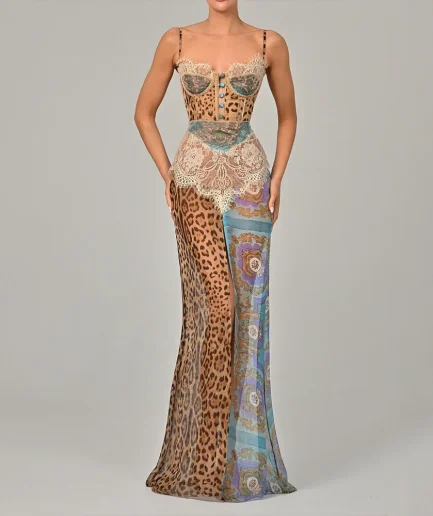 Summer Skinny Elegant Party Clubwear Spaghetti Strap Maxi Dress Chiffon Print Leopard High Slit Baroque Women Dress