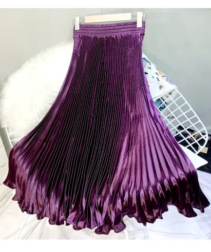 Women New Fashionable Casual Natural Waist Slim A-Line Satin Long Pleated Women Skirt with Rhinestone and Tassel