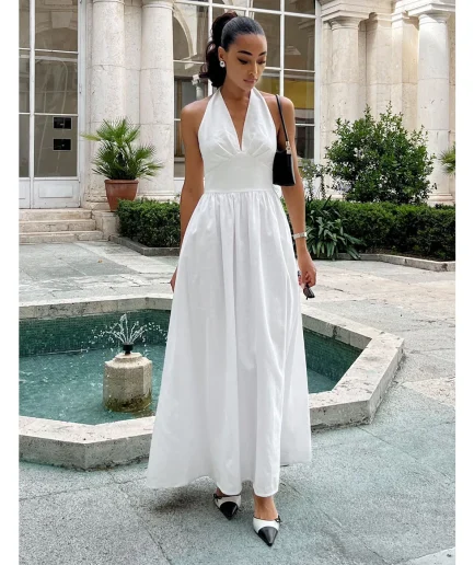 2025 Summer New High Waist Dress Women Fashion Pure Cotton Halter A-line Maxi Dress V Neck Bandage Long Dress