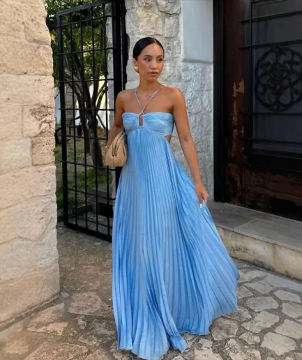 Female 2025 Fashion Lady A-line Robes Women Backless Sleeveless Blue Beach Vacation Dresses Summer Halter Pleated Long Dress