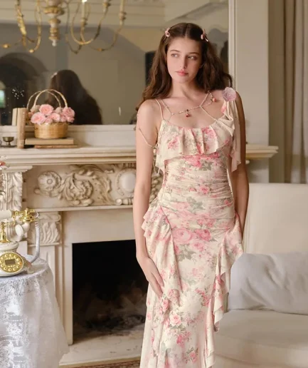 RedPeony Women Flower Print Dress Ruched Applique Sleeveless Backless Ruffles Patchwork Sweet Girl Elegant Women Long Dress