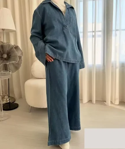 V Neck Long Sleeve Tops+Elastic Straight Pants Fashion 2025 Spring Street Wear Sets Vintage Casual Denim Chic Women Suit