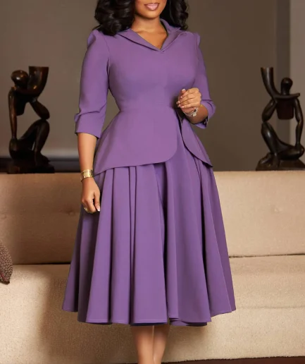 Trendy Spring Casual 3/4 Sleeve Suit Collar V-neck A-line Office Lady Professional Party Elegant African Dress for Women