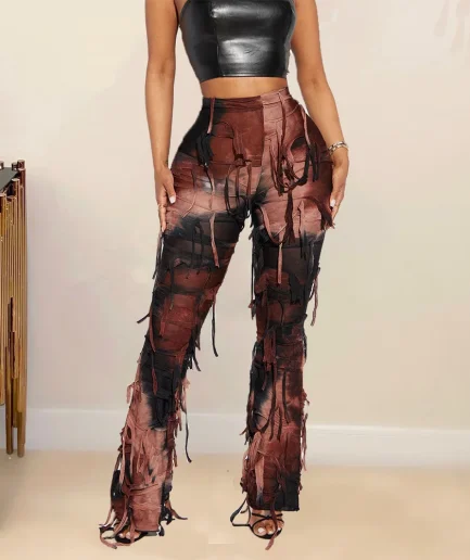 RedPeony Fashion Women Tie Dye Printed Mid Waist Tassel Flare Pants 2025 Summer Y2K Chic Stretch Legging Skinny Women Trouser