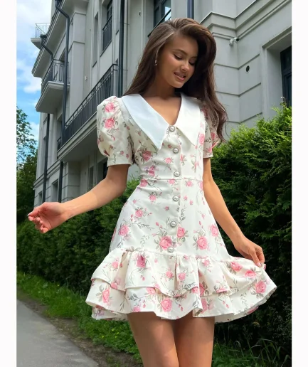 Female Casual Vacation Fashion Dress Women's V-Neck High Waist Pearl Buttons Mini Dress Print Puff Sleeves Ruffled Dress