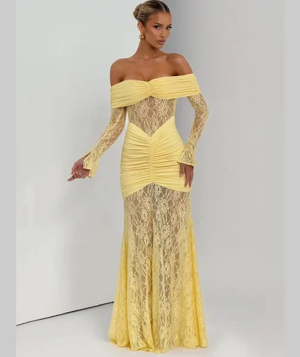 Elegant Long Sleeve Mesh Lace Patchwork Bodycon Dress Women Sexy Off-Shoulder Sheer Party Club Formal Evening Women Maxi Dress