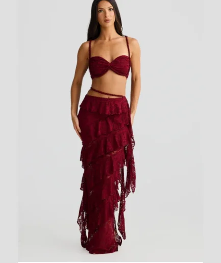 Summer Lace Sexy Two Piece Sets Women Fashion Strapless Crop Tops and Maxi Skirt Vacation Elegant Beach Party Women 2 Piece Set