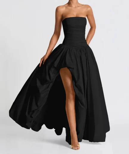 Women Sexy Sleeveless Backless Slim Long Dress Elegant Strapless High Split Banquet Dress Fashion Waist Draped Solid Party Dress