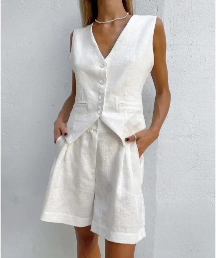 RedPeony Women's Summer Casual Sleeveless Vest Shorts Two-Piece Set Cotton and Linen Suit Vest Set