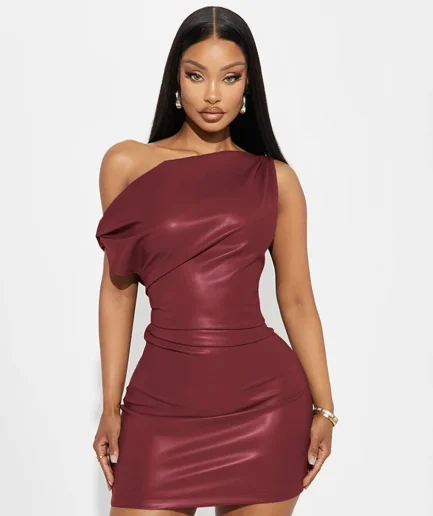 RedPeony Women Sexy PU Leather Slash Collar Sleeveless Ruched Dress Slim Streetwear Evening Night Club Party Women Mini Dress