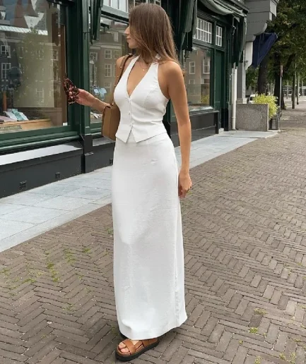 RedPeony Female 2025 Split Bodycon Skirts Suit Women Backless Slim Waistcoat Split Skirts Sets  Sexy Tank Top Skirt Sets