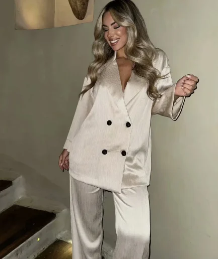 Jacket Pants Set Wrinkle Effect Double Breasted Suit European and American Style 2025 Autumn Spring New Women's Clothing