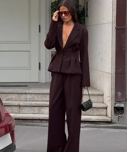 Ladies Elegant Solid Color Party Suit Professional Slimming Two Piece Sets New Fashion Lapel Long Sleeve Coat and Pants OutFit