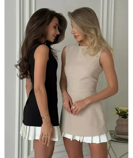 Women Fashion Slim Sleeveless Vestidos Elegant Patchwork Pleated Short Dress Lady Office Commute High Street Mini Dress