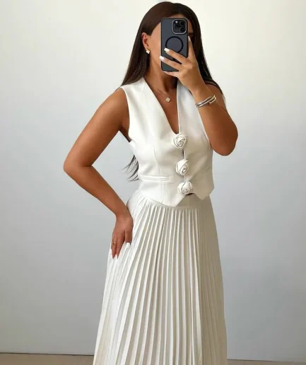 RedPeony Womens Outfits Tanks Summer Sleeveless Top Temperament Korean Style Wrap Buttocks Skirt 2 Piece Sets White Suit Vest