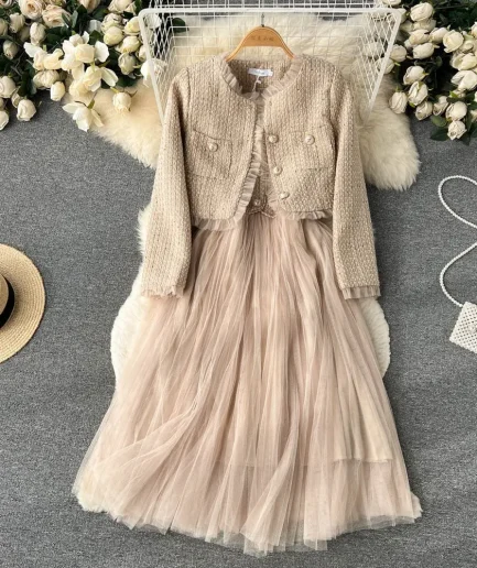 Dresses Sets Korean Two Piece Suit Women Clothing Patchwork Gauze Crop Coats Gauze Tunic Sling Maxi Dress Outfits Sweet Chic Set