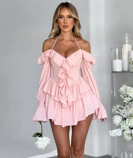 Women Summer Solid Pure Color Halter Ruffle Flare Sleeves Tiered Dress Sexy Elegant Birthday Party Clubwear Women Mini Dress