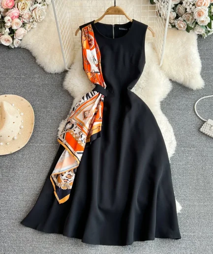 Summer Sexy Mature Retro Sleeveless Waist Slimming A-Line Ladies Black Vestidos Causal Luxury Lady Elegant Long Dress for Women