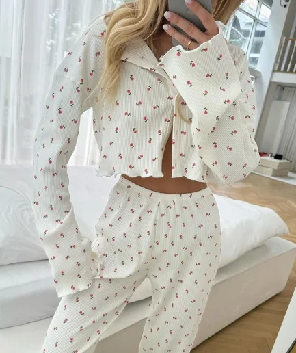 Flower Print Simple HomeWear Sleepwear Women Cardigan Knitwear Long Sleeves Pants Pajamas Nightwear