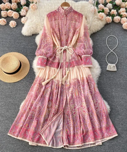 New Design Casual Stand Collar Ladies Lantern Sleeve Boho All Over 3d Floral Print Loose Maxi Long Shirt Dress for Women