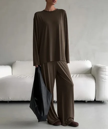 Women's Solid Color Basic Top Casual Loose Home Clothing Suits Autumn New Round Neck Long Sleeved Pants Pajama Set
