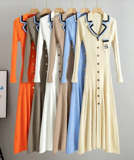 Fashion Basic Colorblock V-neckline Winter Spring Autumn Elegant Long Sleeve Bodycon Ladies Maxi Knitted Tight Dresses for Women