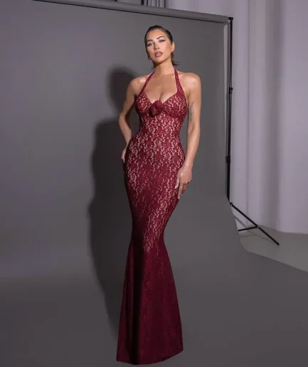 Fashion Burgundy Mermaid Women Evening Dress Sexy Halter 3D Flower Details Embroidery Prom Party Gowns With Gloves Vestidos