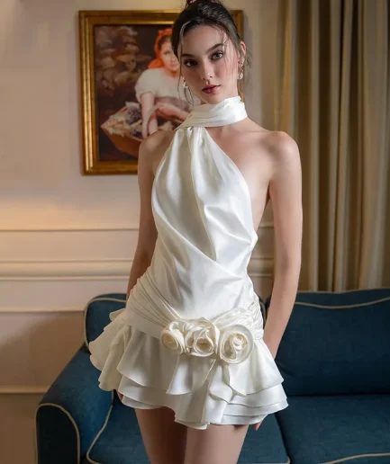 RedPeony Women Satin Sexy Backless 3D Flowers One Shoulder Halter A-line Dress Slim Elegant Party Clubwear Women Mini Dress