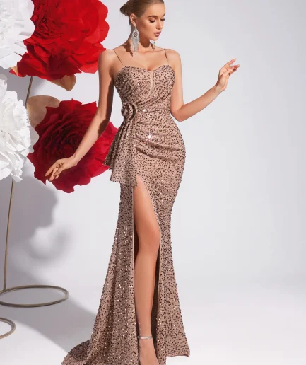 Women's Sexy Bodycon Sequin Gown Long Mermaid Formal Evening Gowns Front Slit Flower Decoration