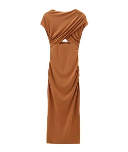 Solid Color Square Collar Casual Fashion Maxi Dress for Ladies Vintage Style Back Hollow Short Sleeves Natural for Summer