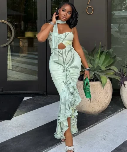 2025 Women's Floral Print Irregular Sling Dress Sexy Hollow Out Ruffle Hem Bodycon Mesh Scarf Party Clubwear Women Long Dress