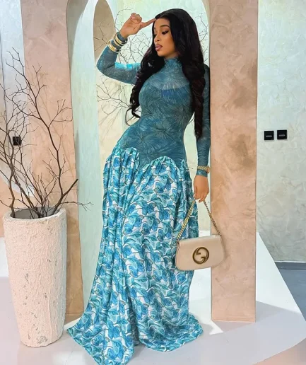 Women a Line Maxi Dress Autumn Light Blue Long Sleeve Dress Slim Waist Mid-turtleneck Chic Elegant Evening Dresses Ladies