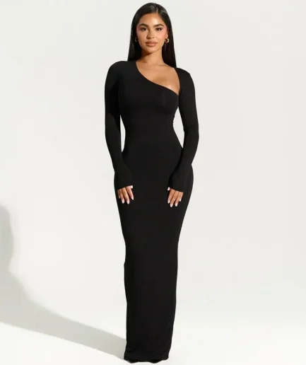 2025 Women Sexy Black Party Dress Elegant Fall Winter Outfits Asymmetrical Long Sleeve Evening Club Party Split Women Maxi Dress