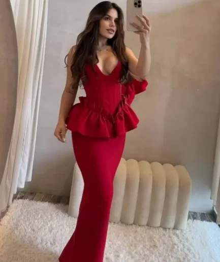 RedPeony 2025 Women Celebrity Sexy V-Neck Ruffles Red Maxi Long Bodycon Bandage Dress Elegant Evening Club Women Party Outfit