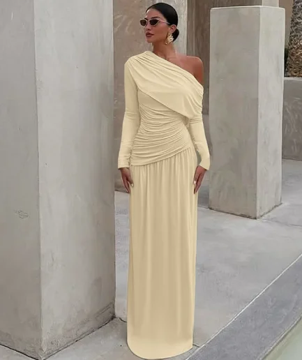 Inclined Shoulder Long Sleeve Women Dress Fashion Autumn Asymmetrical Draped Ruched Partywear Sexy Elegant Women Maxi Dress