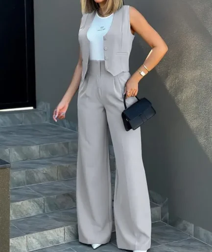 Latest Design Clothing Woman Office Ladies Suit Waistcoats Vest and Wide Leg Pants Sets 2 Piece Outfits for Women
